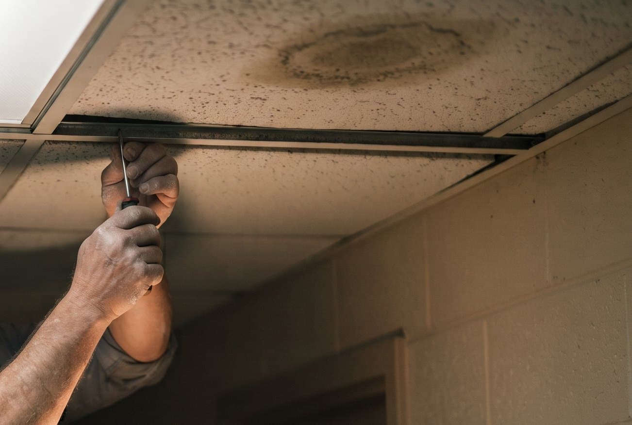 Hands with a red-handled screwdriver adjusting a drop-ceiling grid beside a water-stained tile in a block-wall commercial corridor