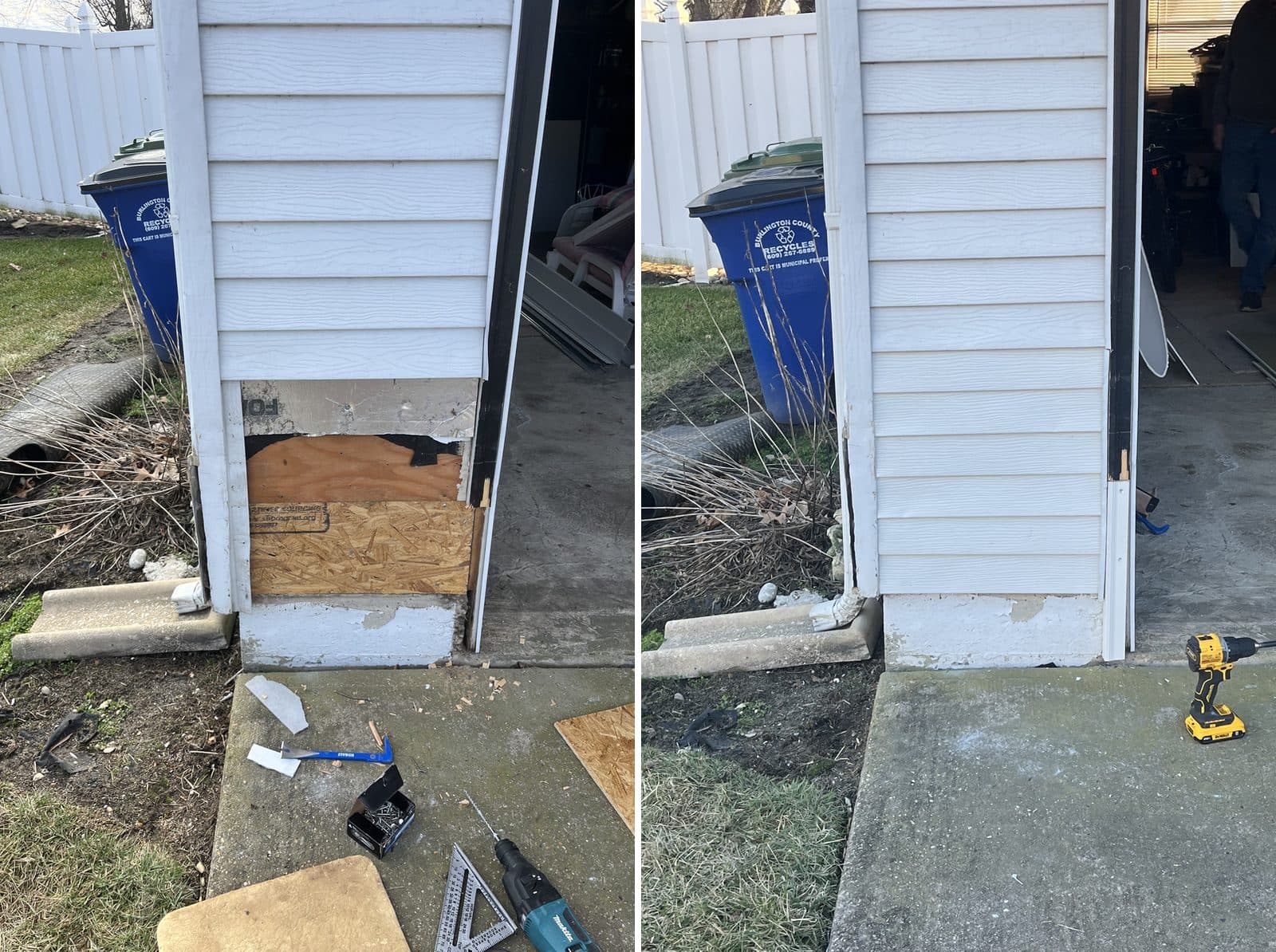 Before and after of a garage corner: the rotted sheathing opened up with the tools on the slab, then the same corner re-sided in white vinyl, clean and finished