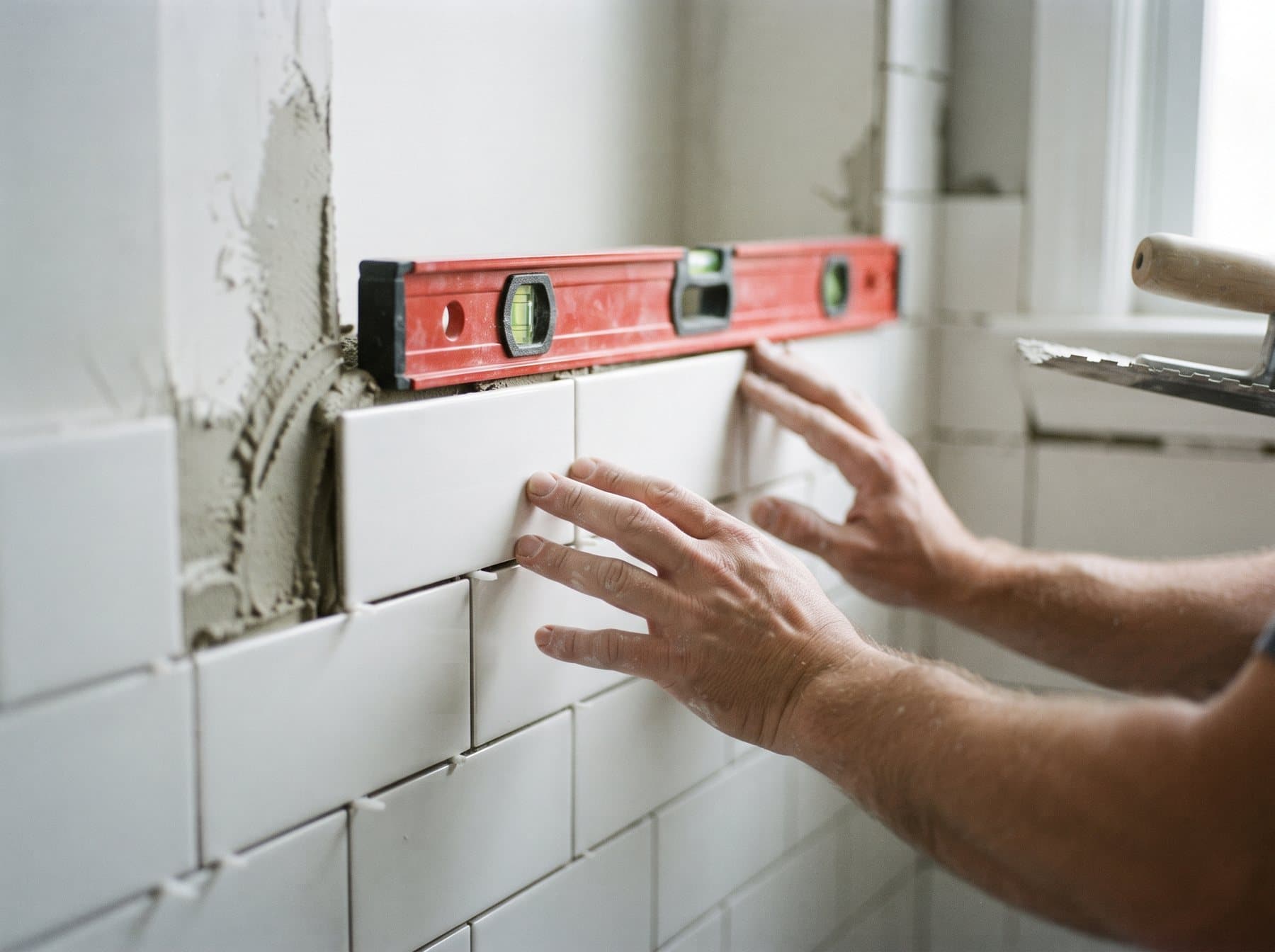 Hands pressing white subway tile into fresh thinset on a bathroom wall, a red level resting on the row above and tile spacers in place